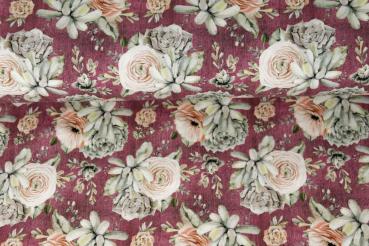 Preview: French Terry angeraut Rose & Echeveria auf Jeansoptik Beere